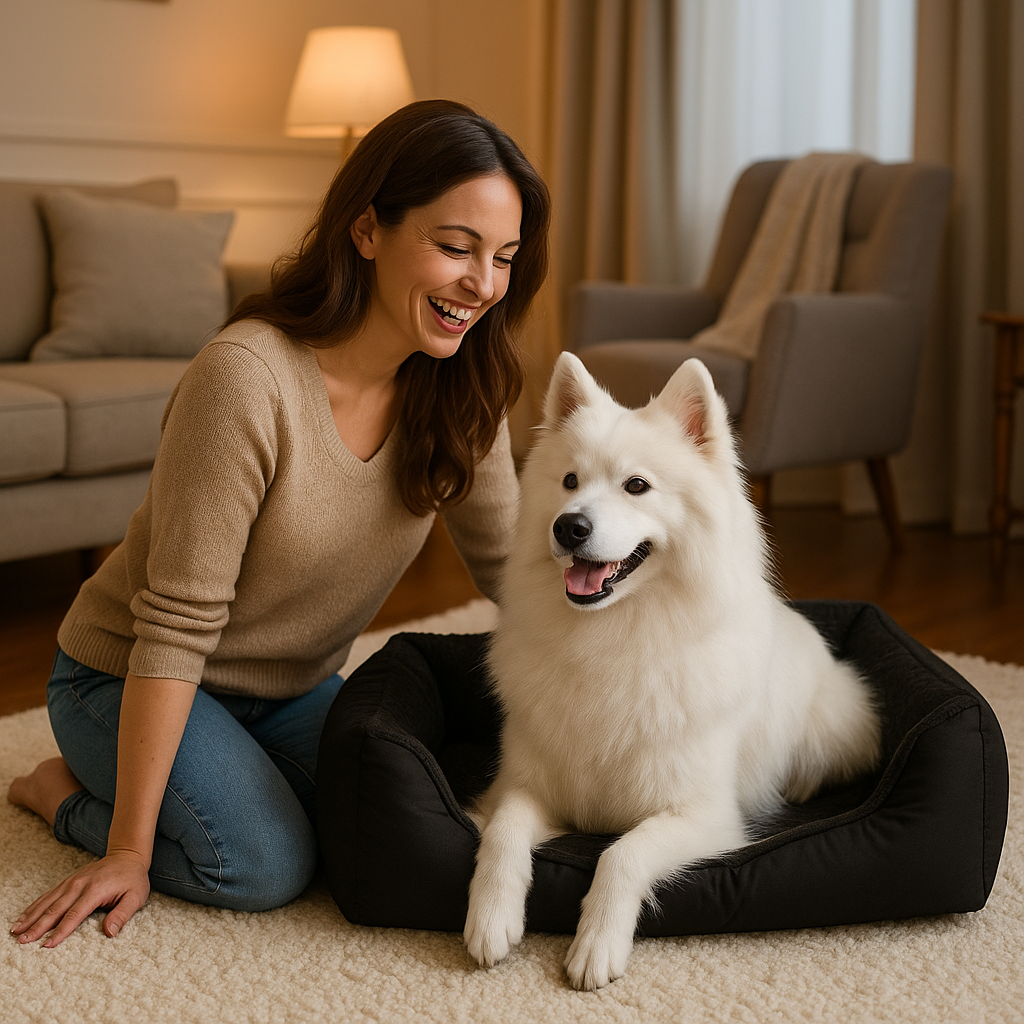 Woman with her dog and the Nuzzinel Puff bolster dog bed