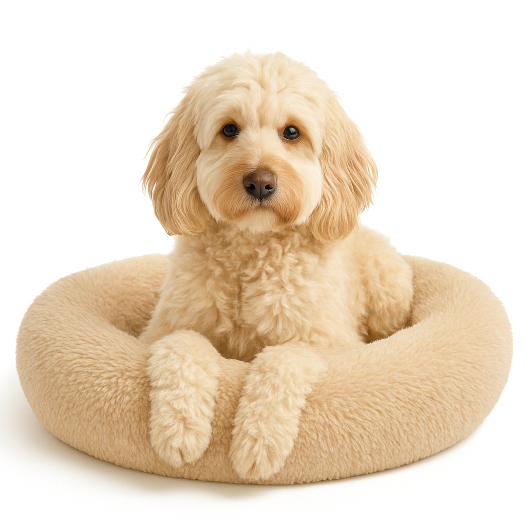Goldendoodle sitting in a beige Cloud calming donut dog bed