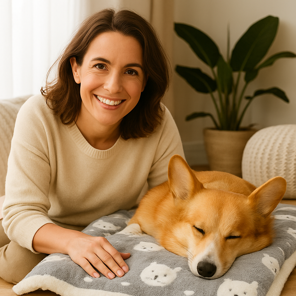 Woman relaxing with her dog on the Doze plush bed mat
