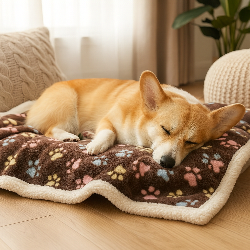 Dog napping on the coffee Doze plush dog bed mat