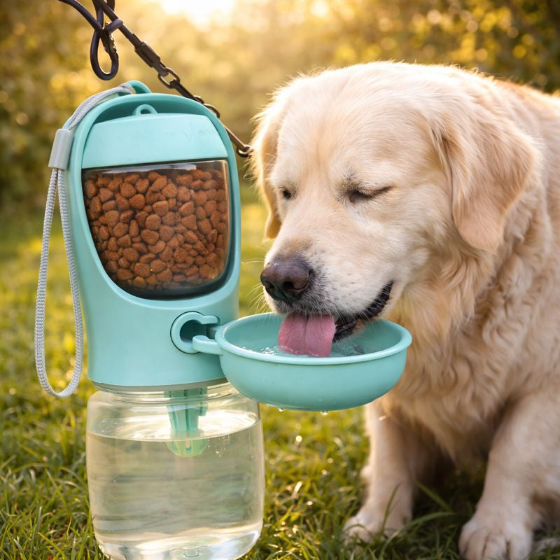 Golden retriever drinking from the Sip portable dog water bottle outdoors