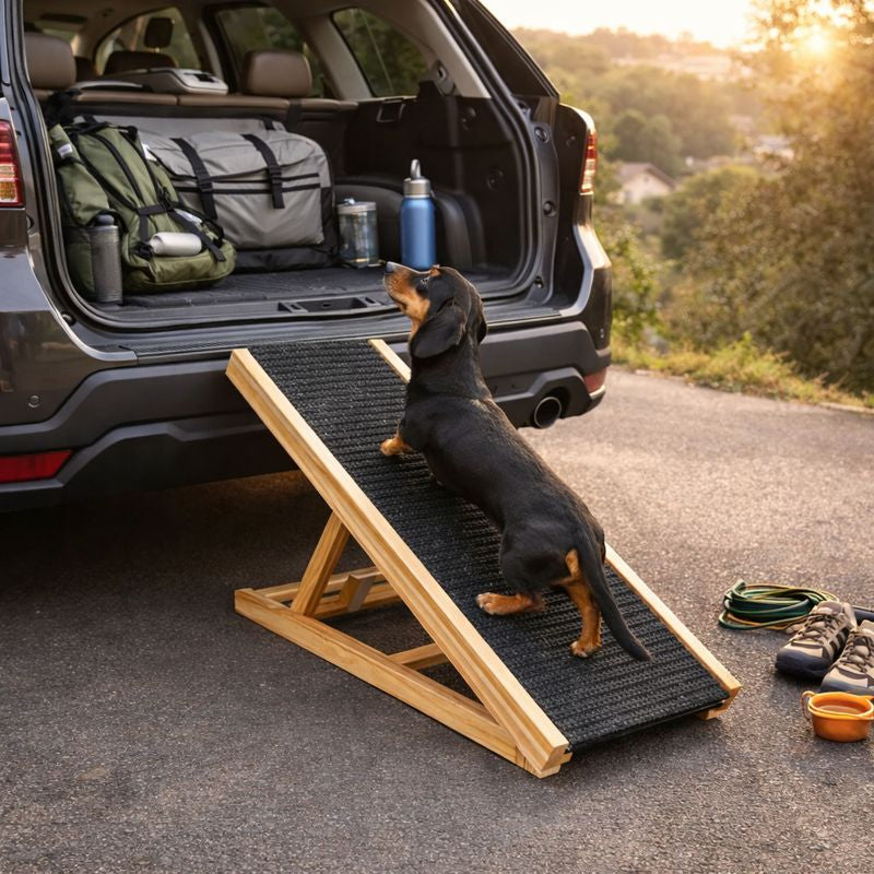 Dachshund walking up the Amble dog ramp into an SUV