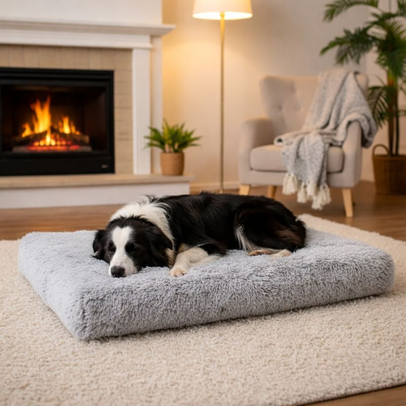 Border collie resting on the Nook calming dog sofa bed by a fireplace