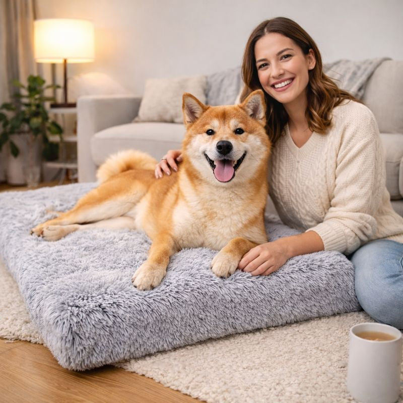 Woman with her Shiba Inu on the Nook calming dog sofa bed