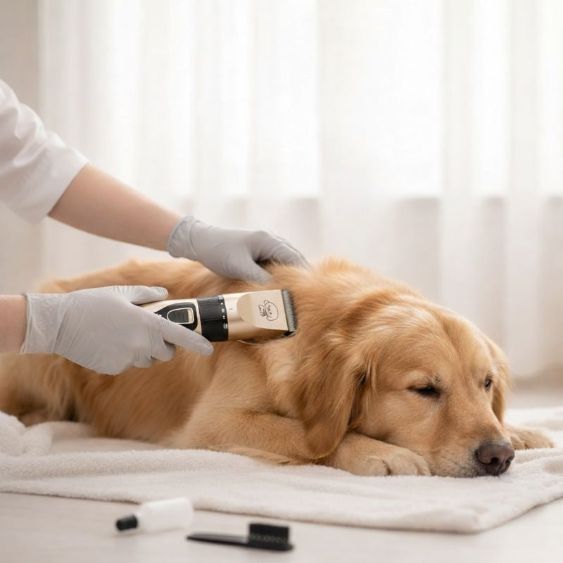 Golden retriever being groomed with the Buzz cordless dog clipper