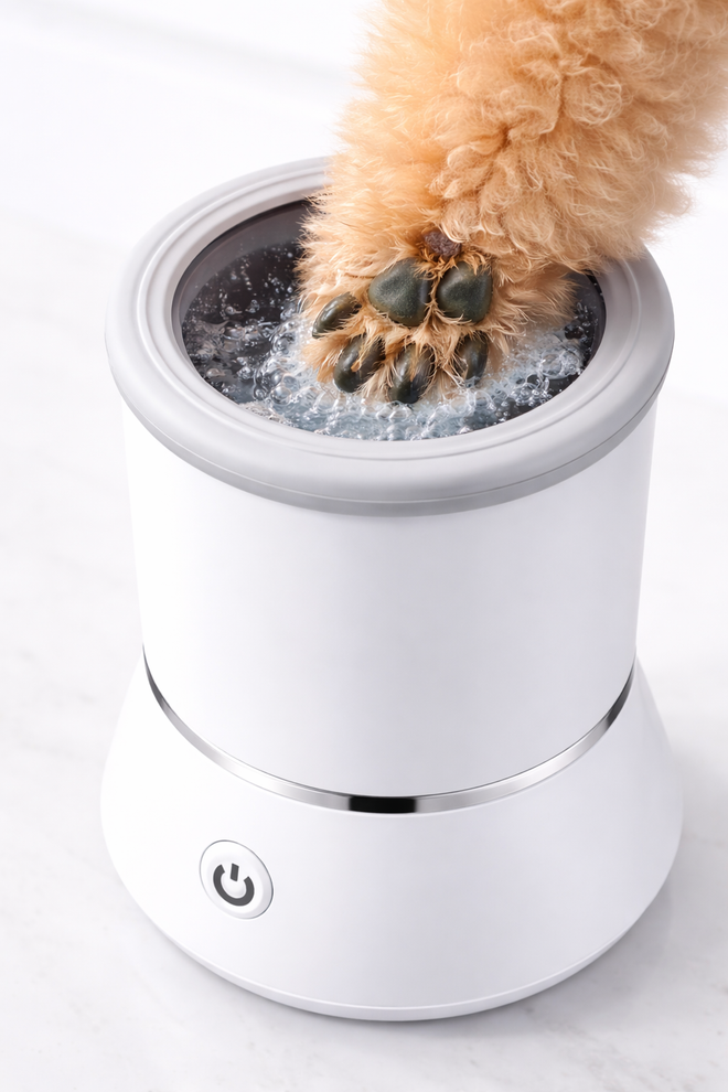 Golden retriever's paw being cleaned inside the white Dip automatic dog paw cleaner
