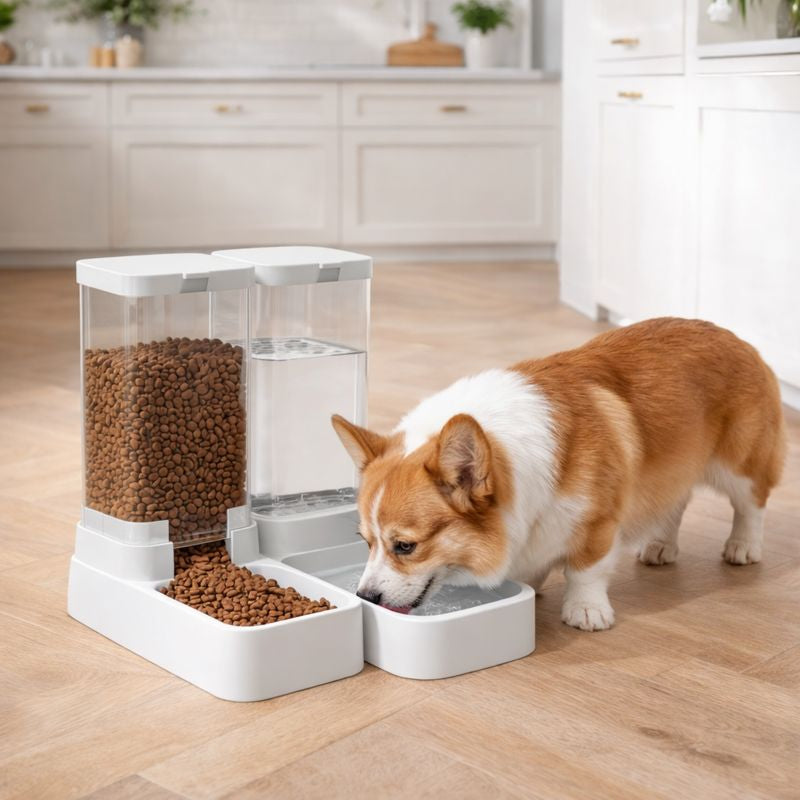 Corgi eating from the Fount gravity dog feeder in a bright kitchen
