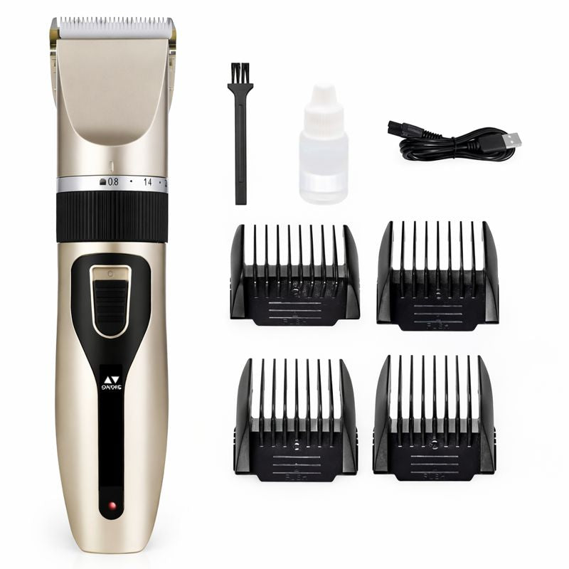 Buzz dog grooming clipper kit with comb guards, oil, brush, and charging cable