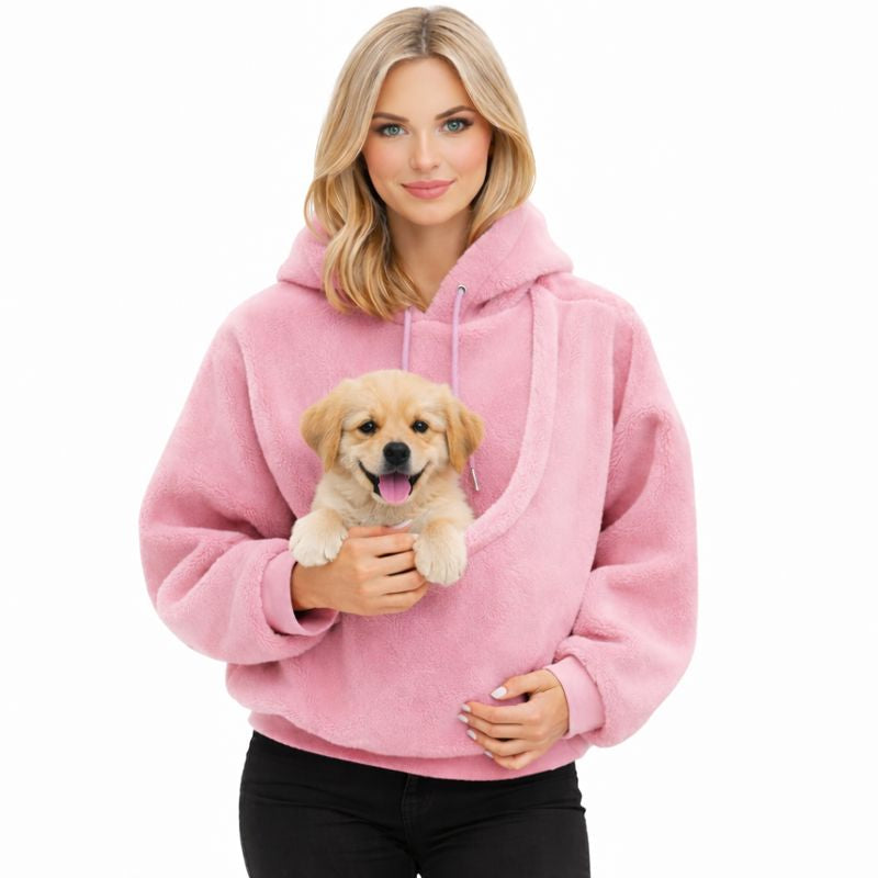 Joey wearable dog carrier hoodie in pink with a puppy in the front pouch