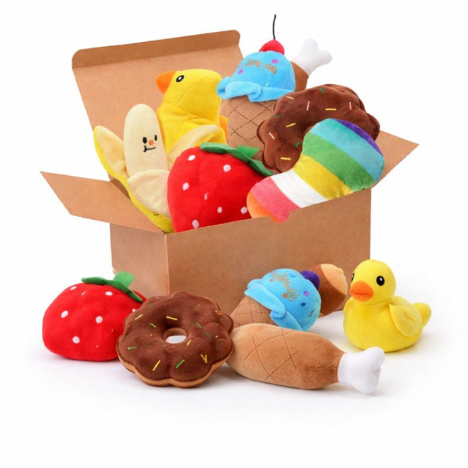 The 7-piece Picnic Puppy Plush Toy Set — banana, strawberry, donut, ice cream, popsicle, duck and drumstick in a gift box