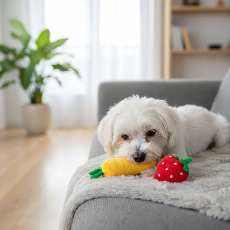 Maltese puppy on a sofa with strawberry and other plush toys from the Picnic set