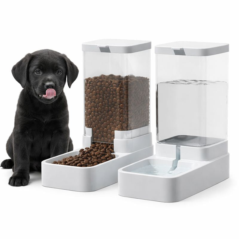 Fount gravity dog food and water dispenser with a black Labrador puppy
