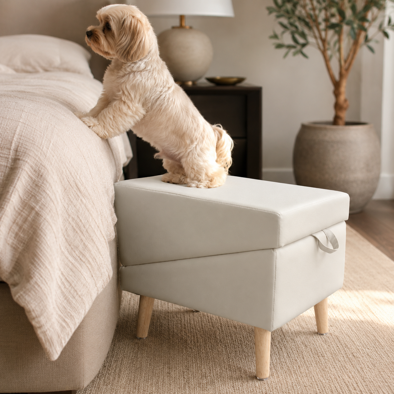 Glide 2-in-1 Dog Ramp & Stool in Cream — folded footrest stool beside the bed