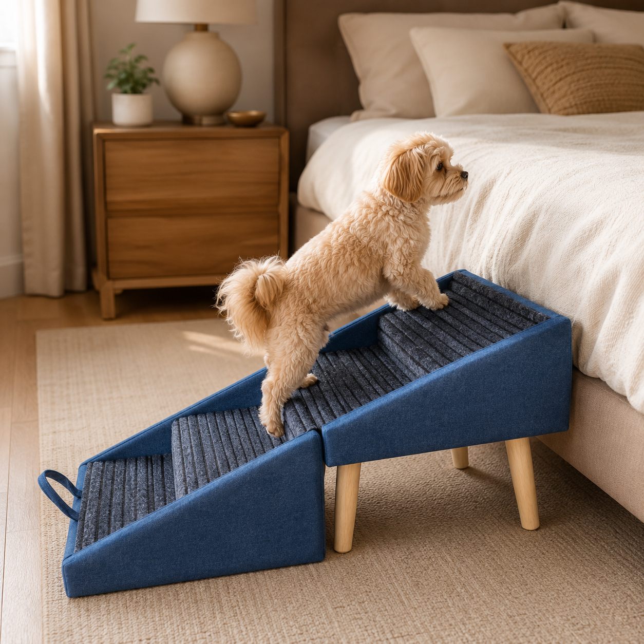 Glide 2-in-1 Dog Ramp & Stool in Blue — dog climbing the wooden ramp onto the bed