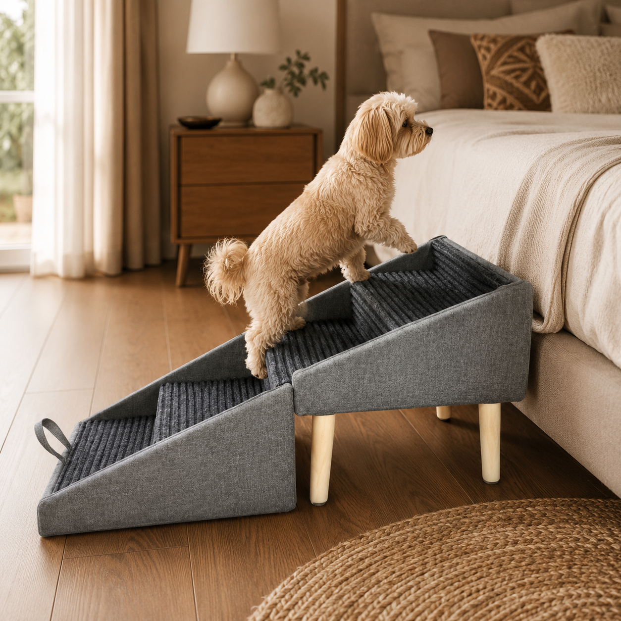 Glide 2-in-1 Dog Ramp & Stool in Slate Grey — dog climbing the non-slip ramp to the bed