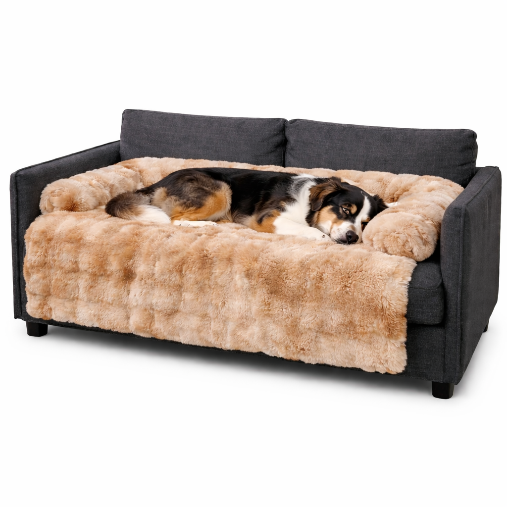 Dog resting on the camel Hush calming dog sofa protector