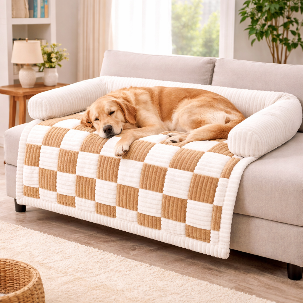 Golden retriever curled up on the coffee Hearth Checkered Dog Sofa Cover in a living room