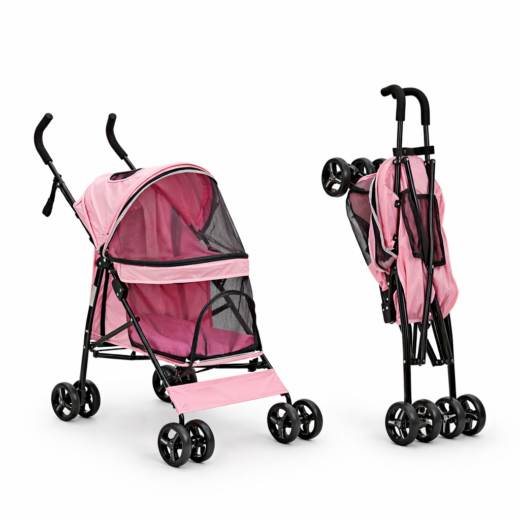 Pink Wander Foldable Dog Stroller shown open and folded