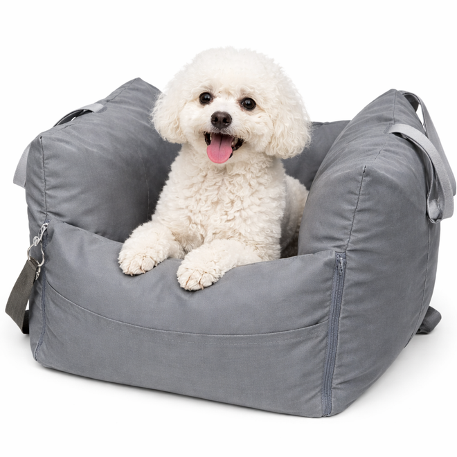 Roam Waterproof Dog Car Seat Bed in charcoal grey — plush bolstered dual-use car seat and home bed
