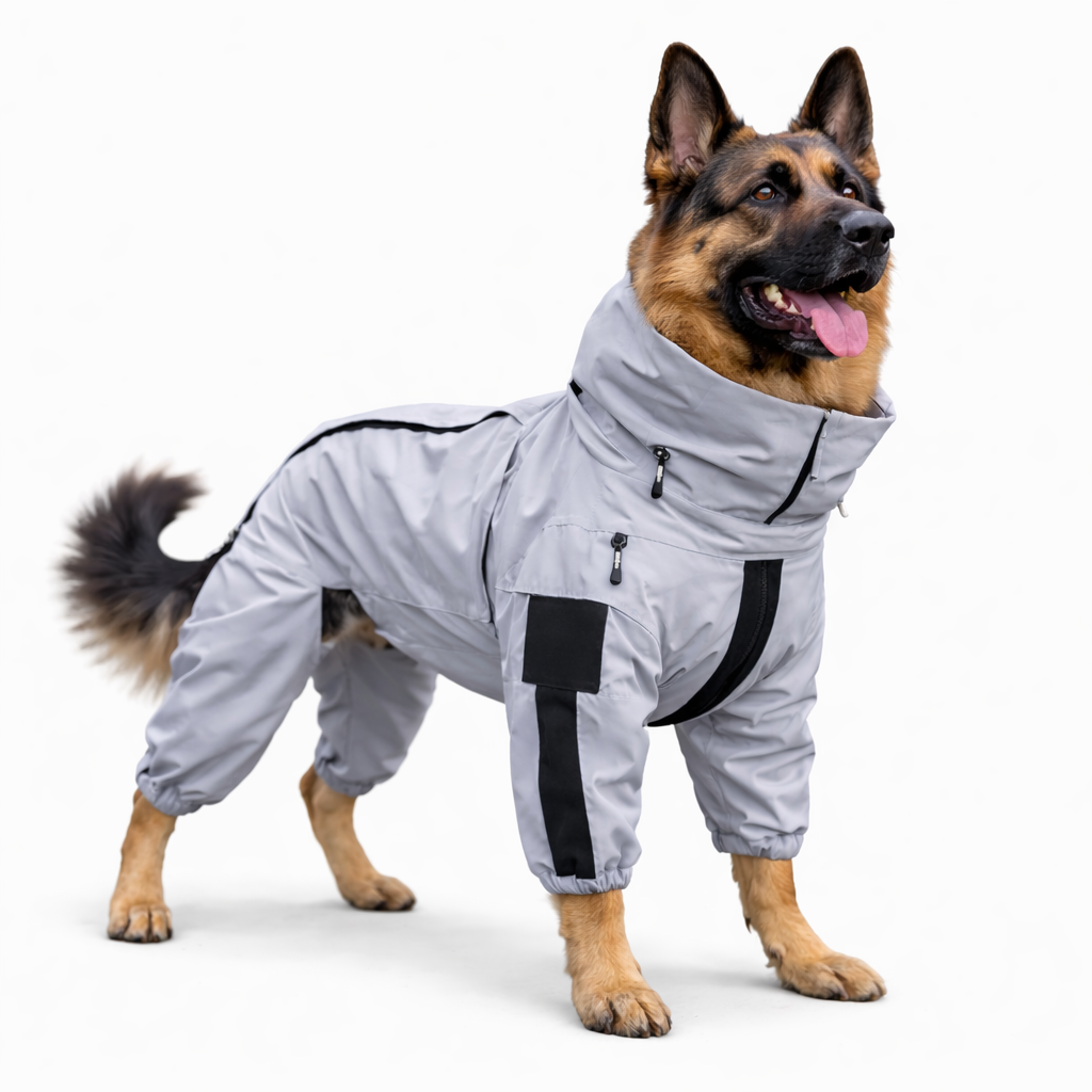 German shepherd wearing the grey reflective Drizzle dog rain coat