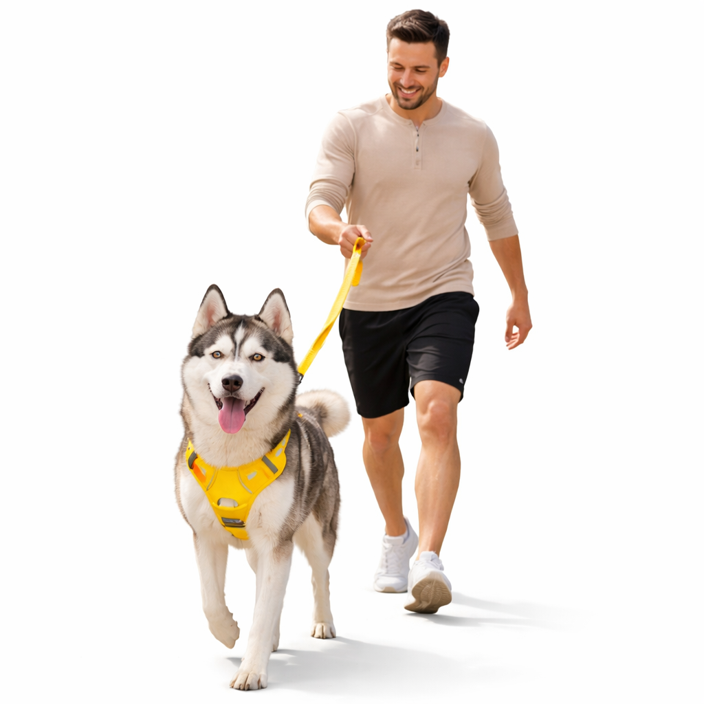 Man walking a husky wearing the yellow Beacon Reflective Dog Harness