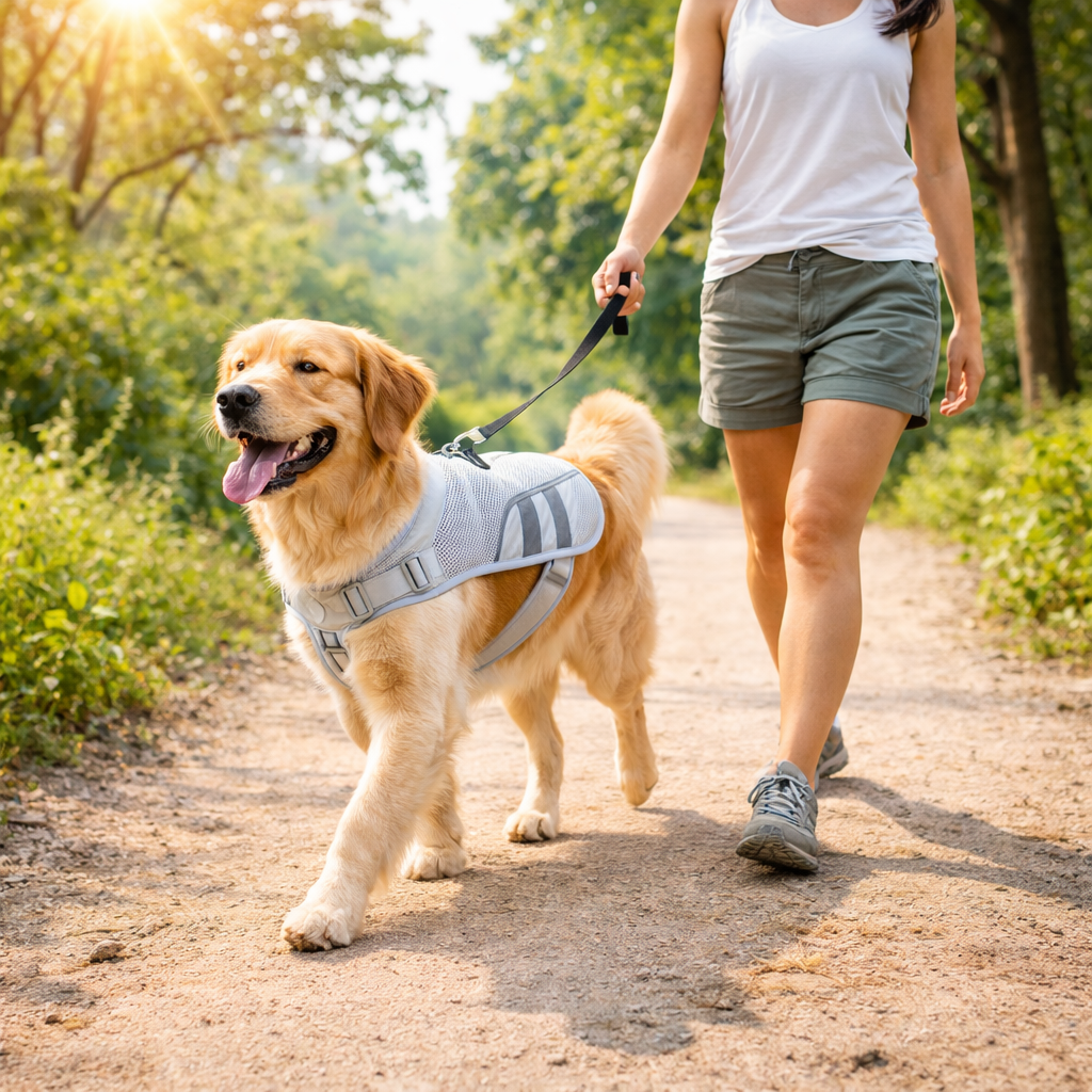 Woman walking her golden retriever in the Chill Cooling Dog Vest on a trail