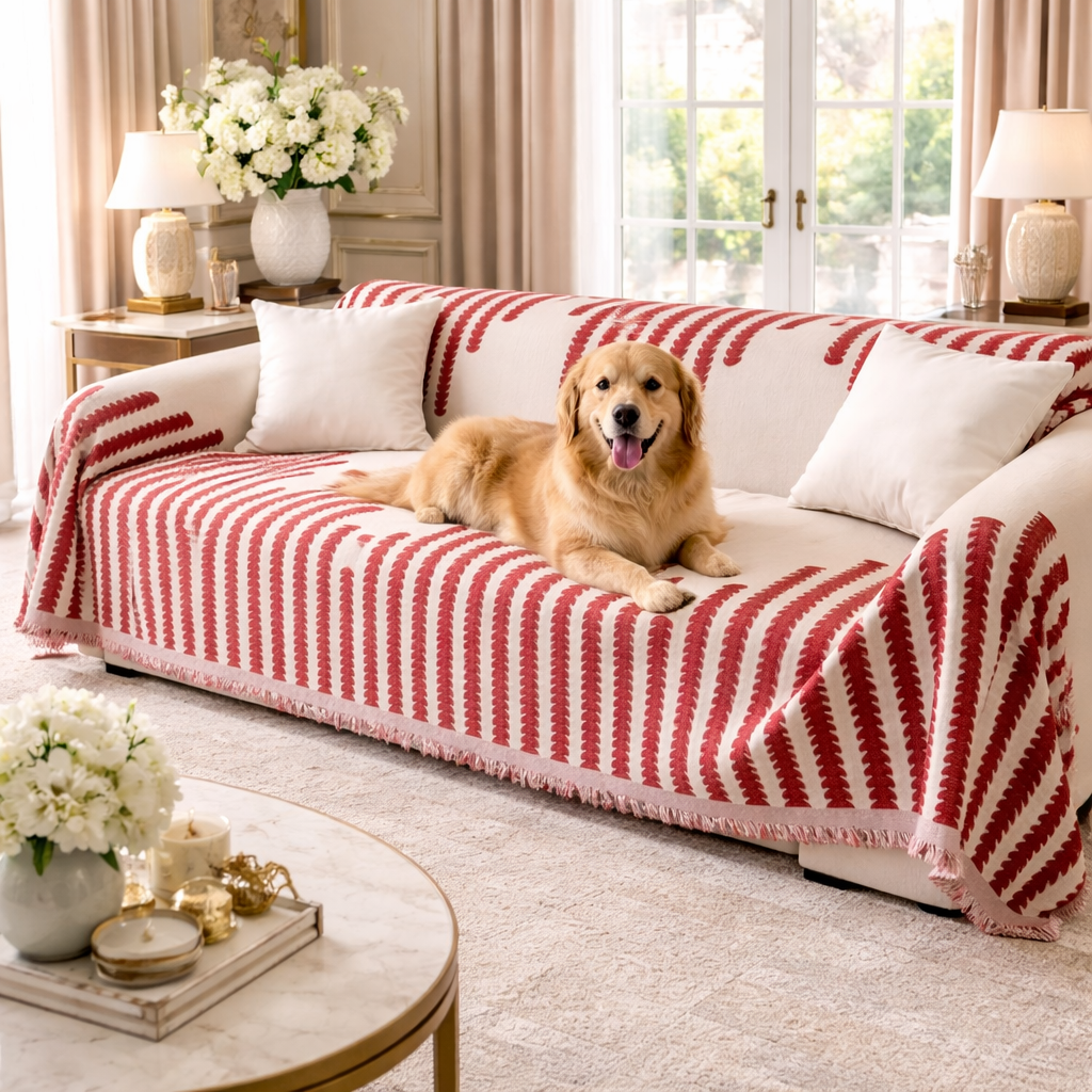 Cove Chenille Dog Sofa Cover in Red on a living-room sofa with a golden retriever