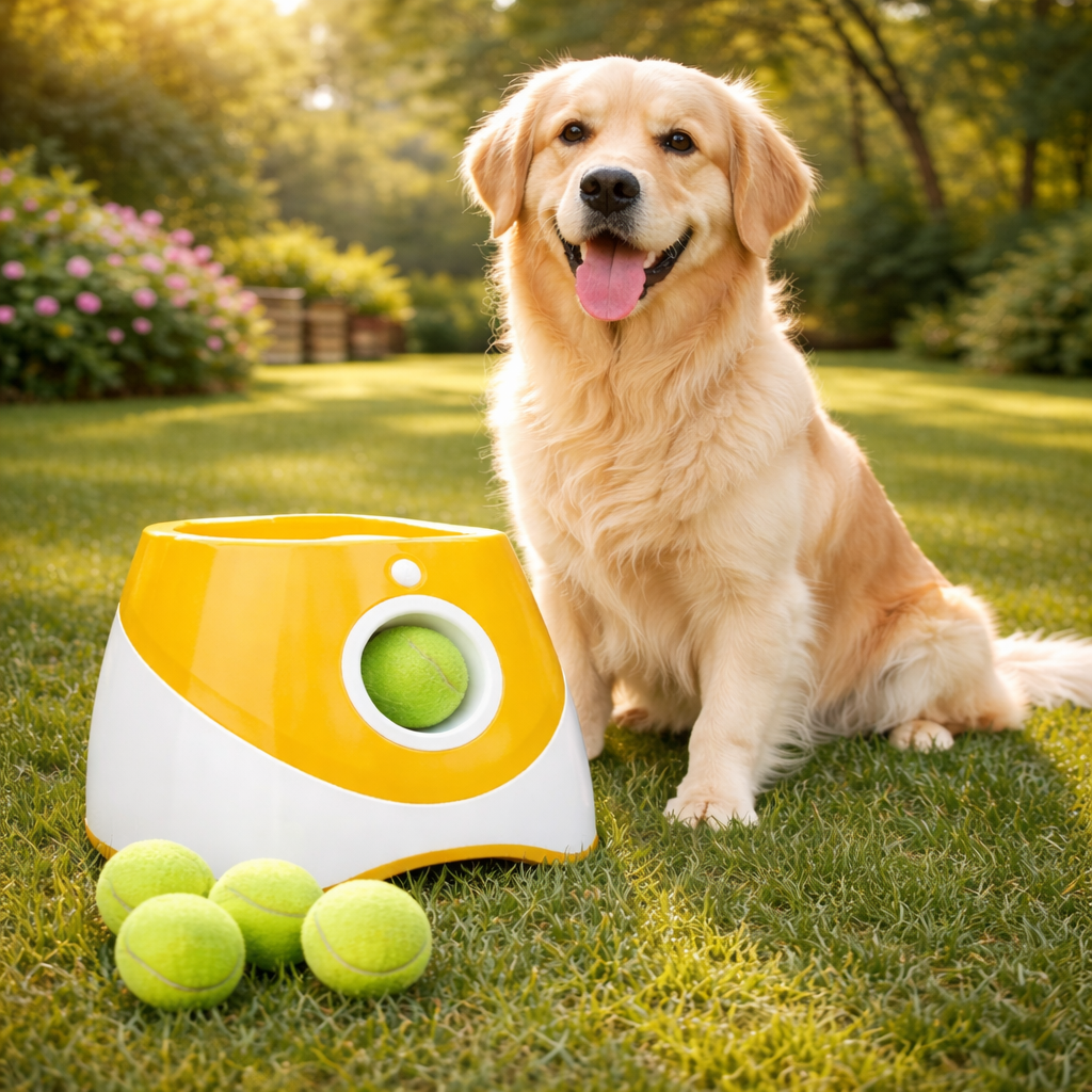 Golden retriever beside the Rally automatic ball launcher with balls on the lawn