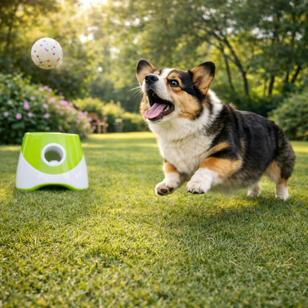 Corgi chasing a ball from the Rally automatic ball launcher in a backyard