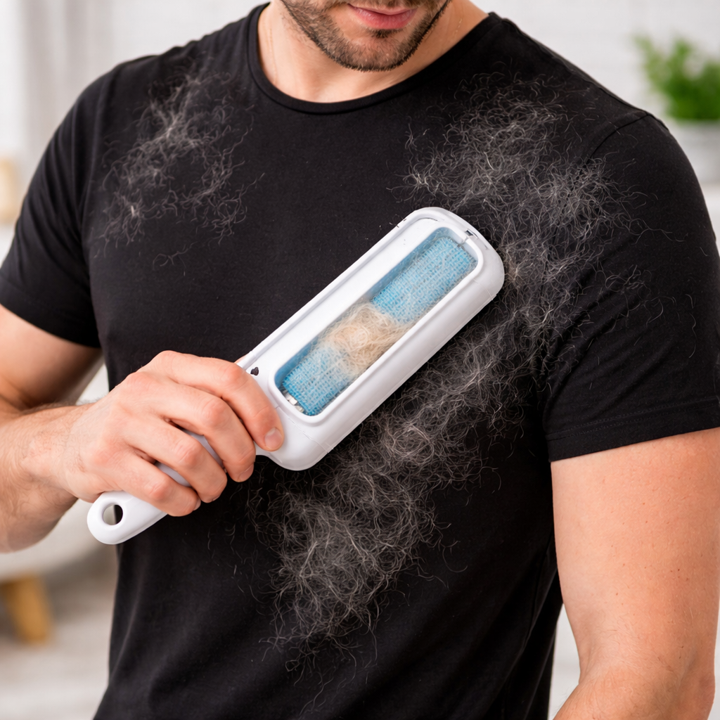 Using the Fuzz reusable dog hair remover to lift pet hair off a black t-shirt