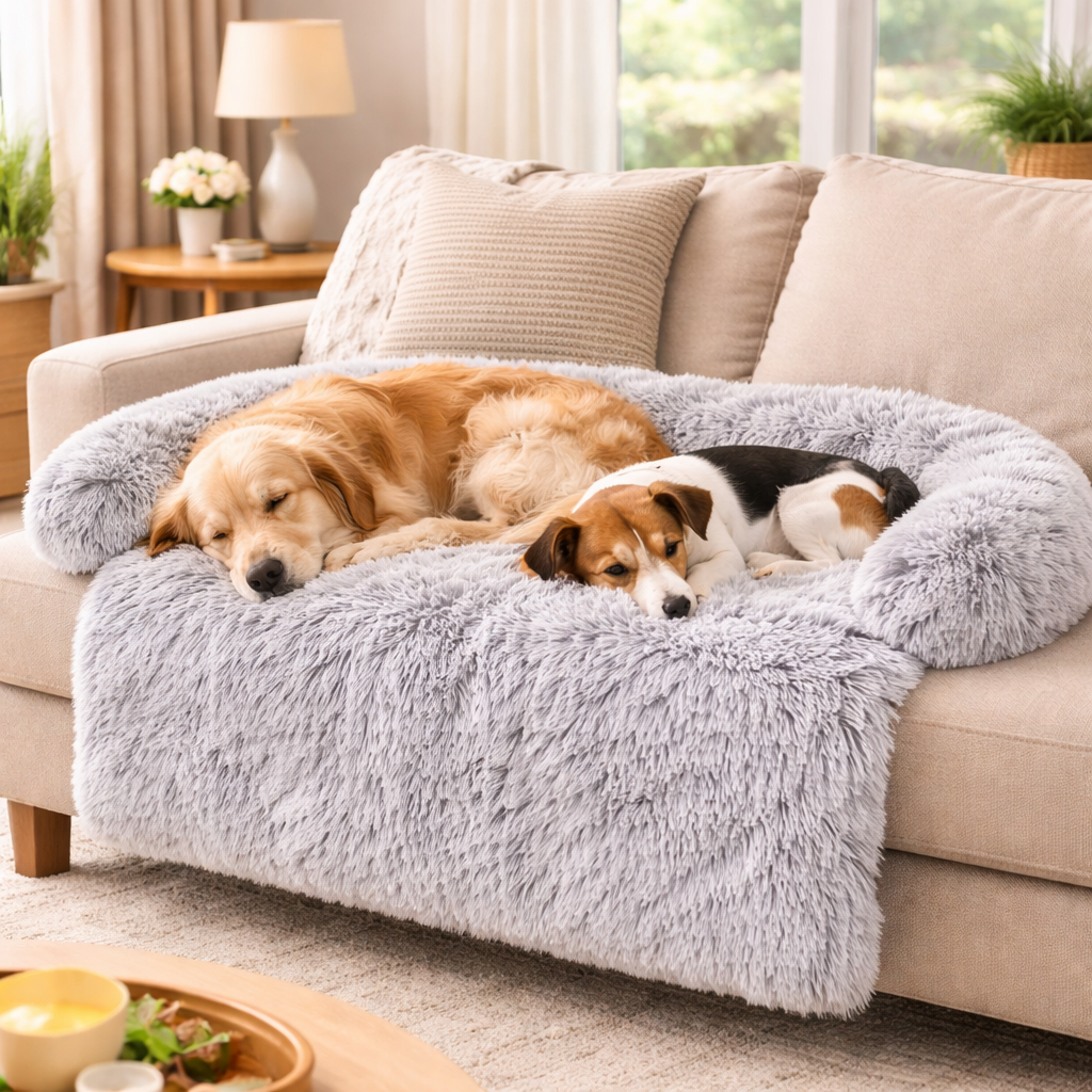 Two dogs resting on the Light Grey Lull dog sofa cover in a living room