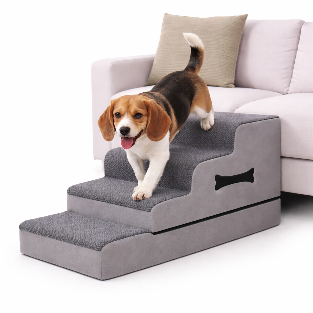 Beagle climbing the gray Nimbus dog stairs by a couch