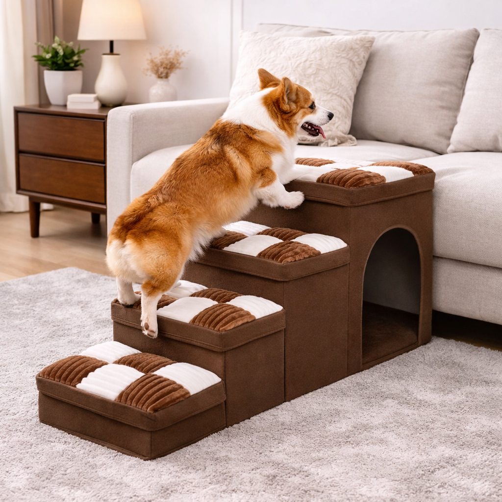 Corgi climbing the brown Rook checkered dog stairs to reach the couch