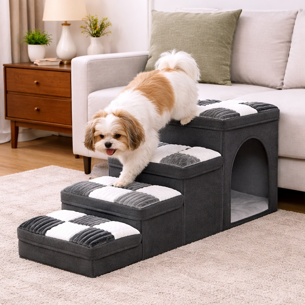 Small dog stepping onto the gray Rook checkered dog stairs by the sofa