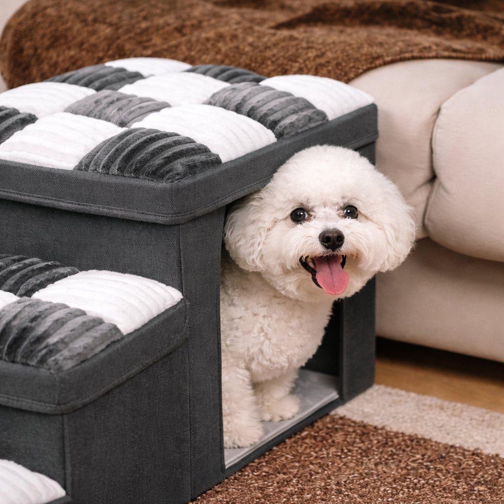 Small white dog peeking out of the hideaway den under the gray Rook dog stairs