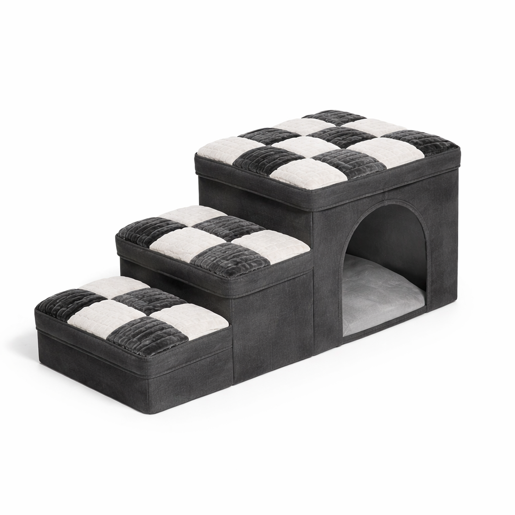 Rook checkered dog stairs in Gray with lift-top storage and arched hideaway den
