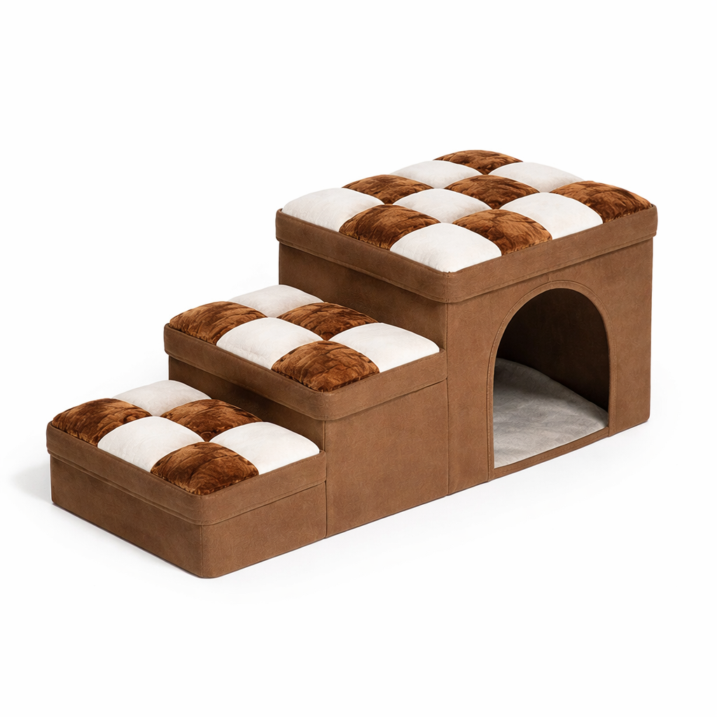 Rook checkered dog stairs in Brown with lift-top storage and arched hideaway den