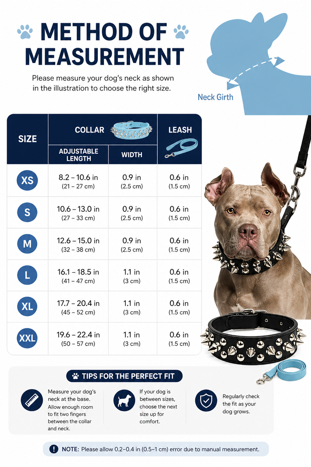 Rebel Studded Dog Collar & Leash Set — Size guide
