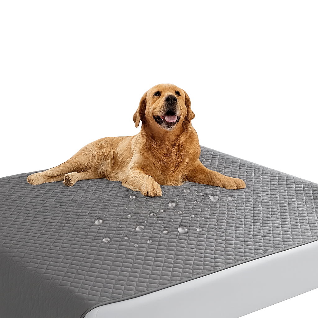 Golden retriever on the grey Snug water-resistant dog couch blanket with water beading on top