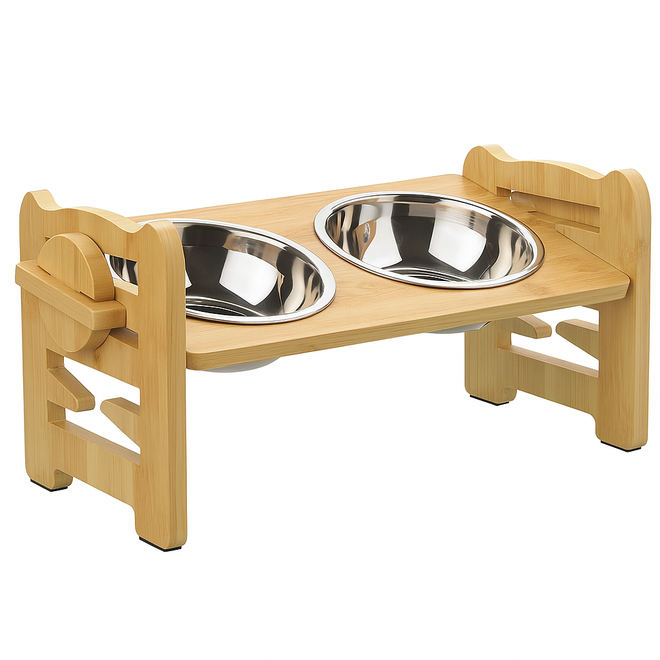 Perch elevated bamboo dog feeder with two stainless steel bowls