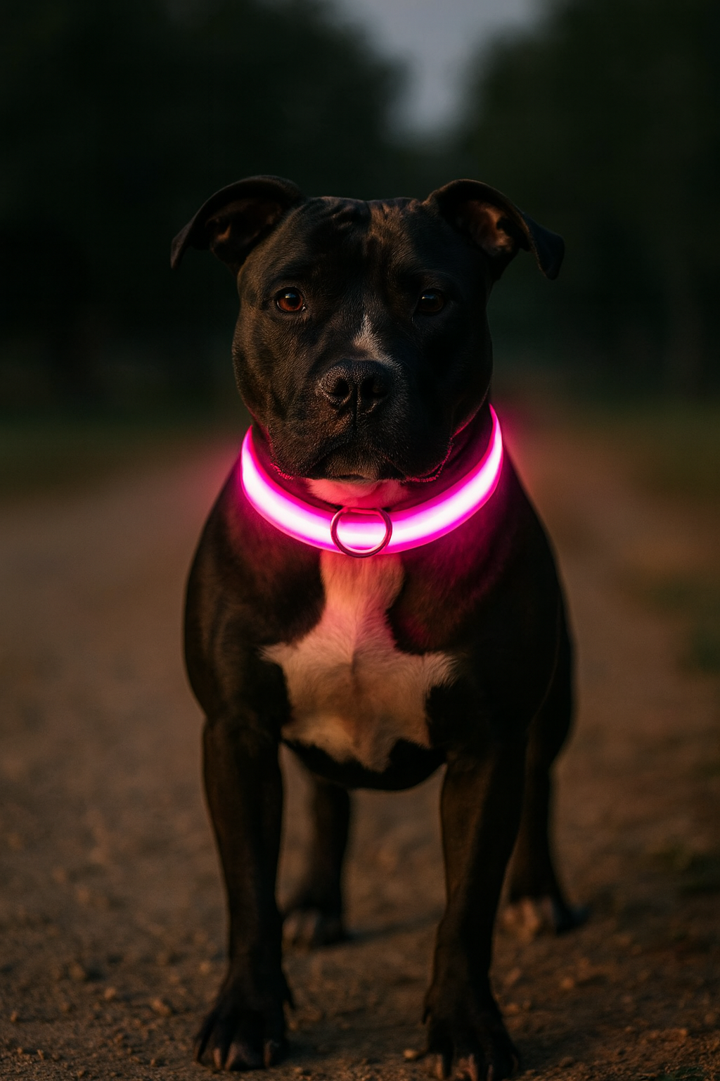 Dog wearing a pink Glimmer LED collar on an evening walk