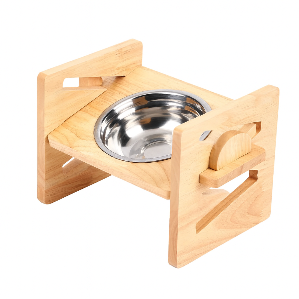 Perch elevated bamboo dog feeder with a single tilted bowl