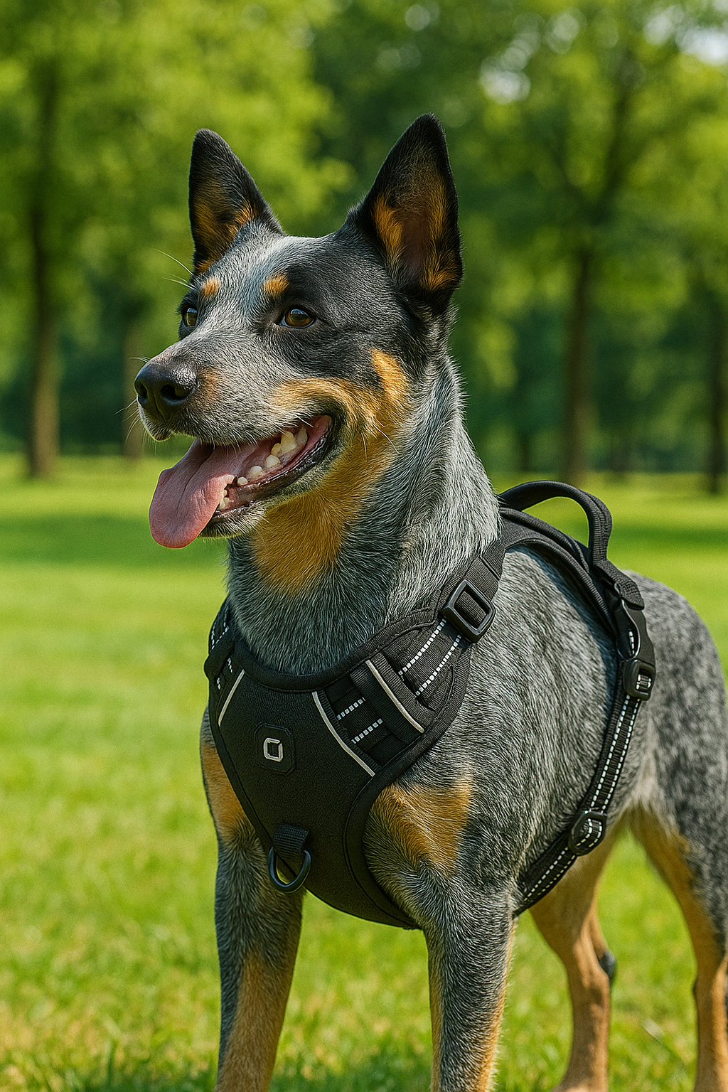Dog wearing the black Nuzzinel Ivy no-pull dog harness