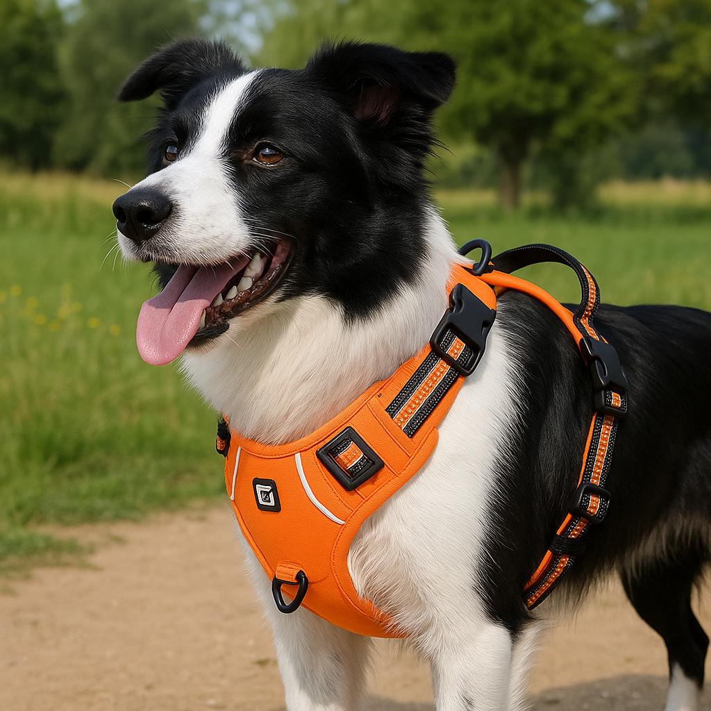 Dog wearing the orange Nuzzinel Ivy no-pull dog harness