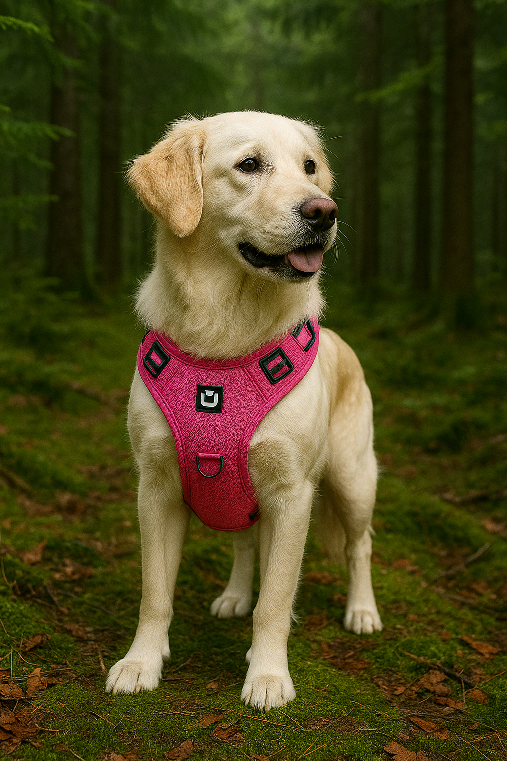 Dog wearing the pink Nuzzinel Ivy no-pull dog harness