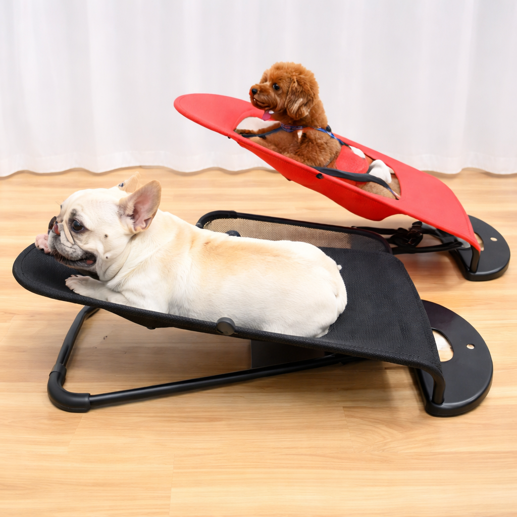 Small dogs lounging on Sway rocking dog beds indoors