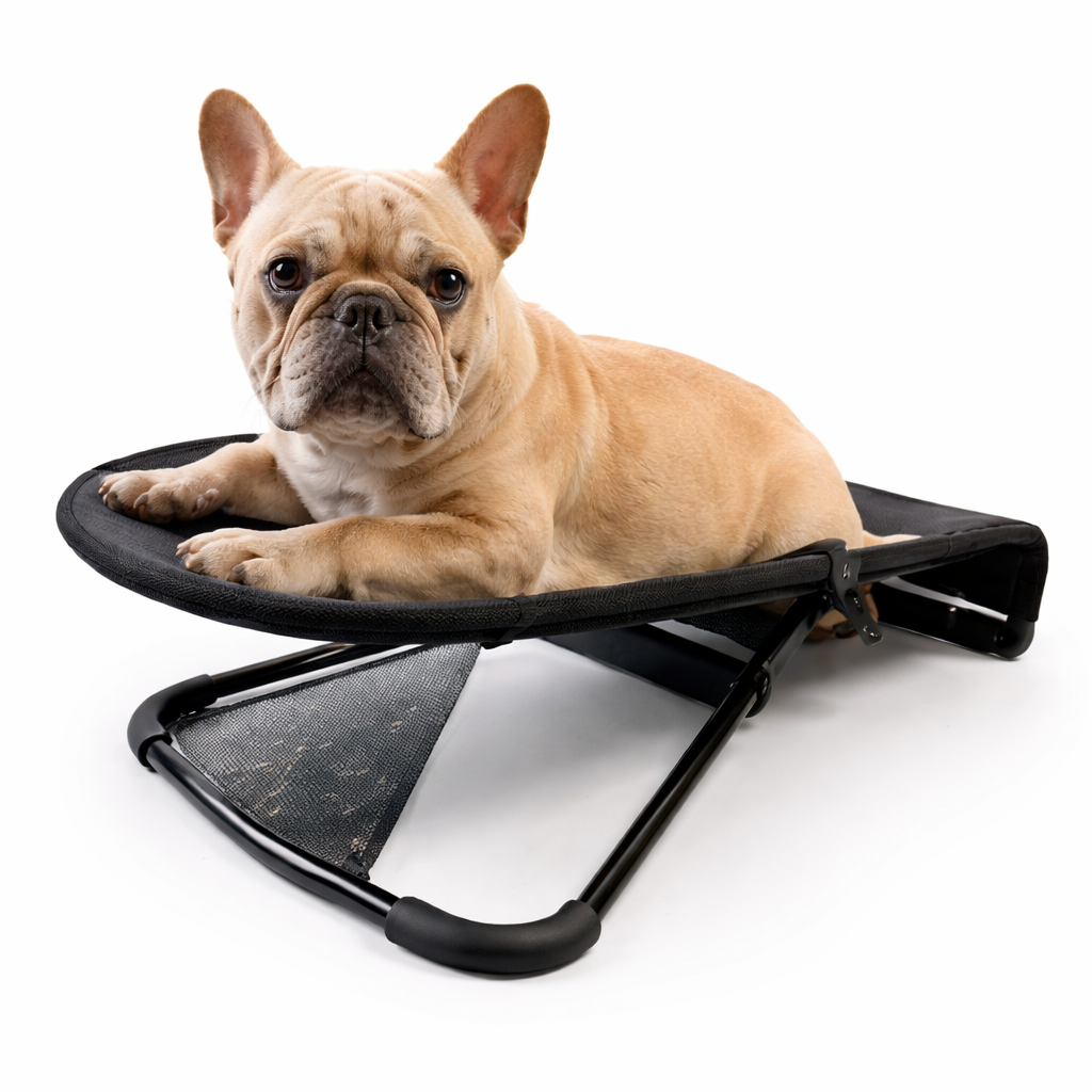 Small dog relaxing on the Sway foldable rocking dog bed