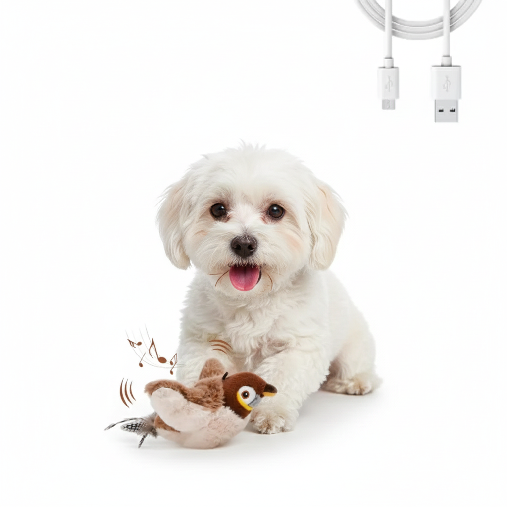 Small white dog beside the Flit bird toy with USB charging cable