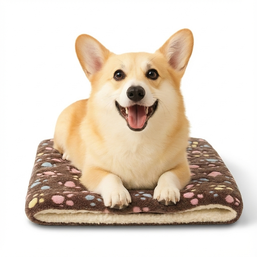 Corgi resting on the coffee paw-print Doze plush dog bed mat