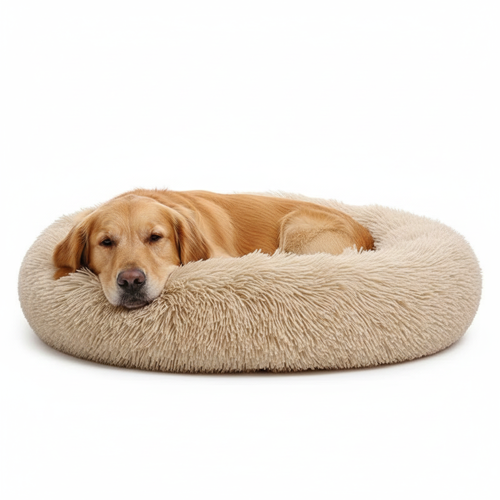Golden retriever curled up in a beige Cloud calming donut dog bed